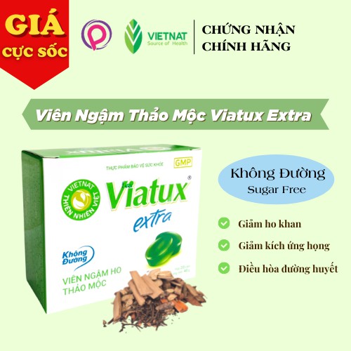 Kẹo Ngậm Ho Thảo Mộc Viatux Extra Không Đường (hộp 20 viên) - có đường (hộp 30v)