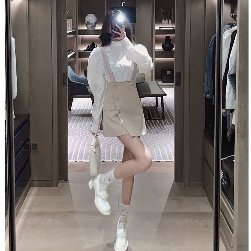 Set Áo Sơ Mi Trắng Và Đầm Yếm Thiết Kế Mới Xinh Xắn Thời Trang Dành Cho Nữ