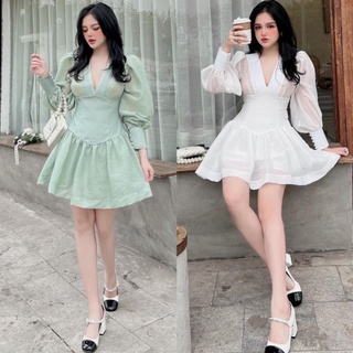 Đầm cổ V dáng corset tay phồng dài - Buns Store