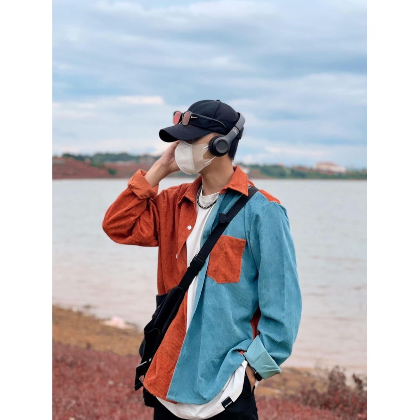 Sơ mi nhung tăm phối 2 màu xanh đỏ