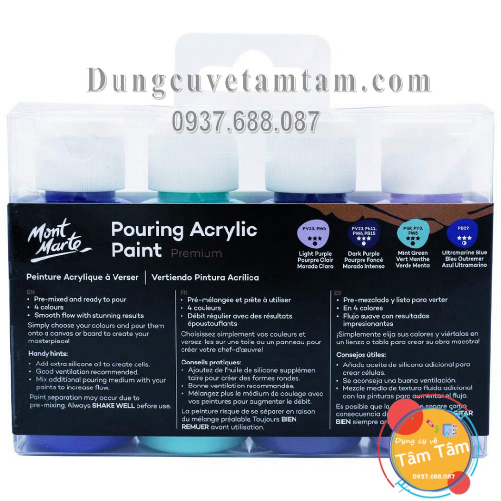 Bộ màu đổ/ màu chảy Mont Marte Premium Pouring Acrylic Paint set 4 chai 60ml-ETHEREAL -PMPP4202 - [Dụng cụ vẽ tâm tâm]