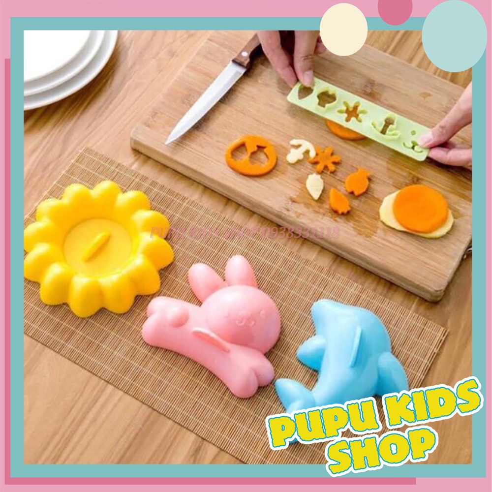 Set 4 Khuôn ép cơm bento hình cá heo, thỏ, hoa và khuôn cắt tạo hình rau củ quả cho bé ăn dặm