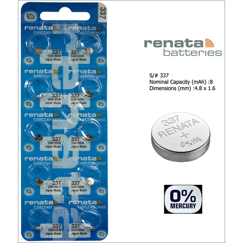 Pin đồng hồ Thụy Sỹ RENATA 337 / SR416SW oxide bạc Made in Swiss (Dạng Vỉ 10 Viên)