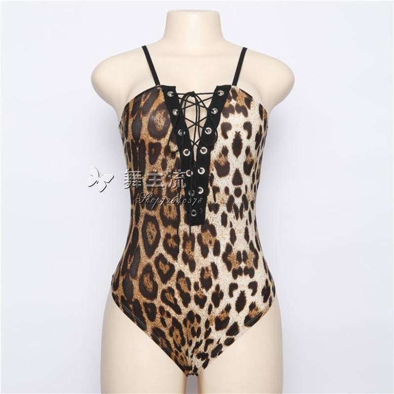 European and American bars and nightclubs DJ female singer DS costumes women's lace-up big V sexy low-cut leopard print one-piece