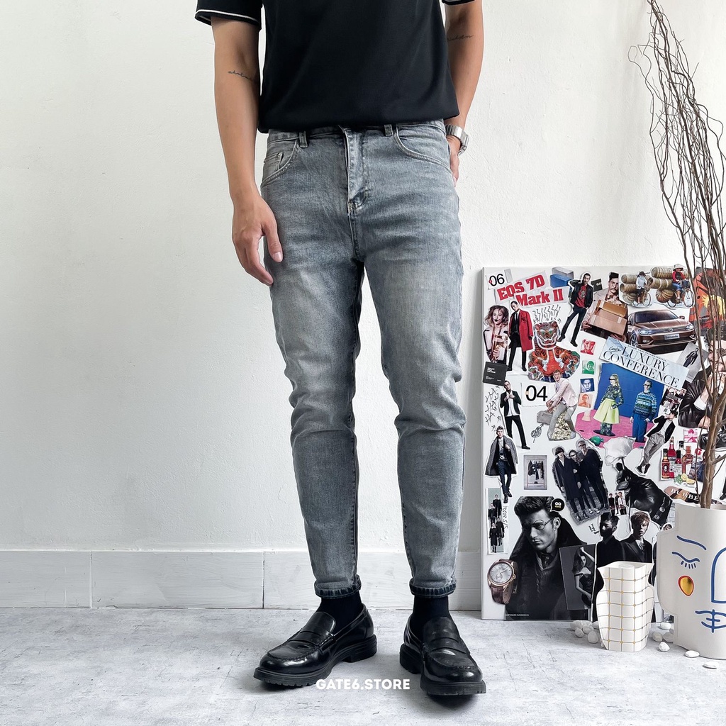 Quần Jean Nam slimfit YY, quần bò dài dáng ôm co giãn trơn Xanh mài tối - GATE6 - 9016