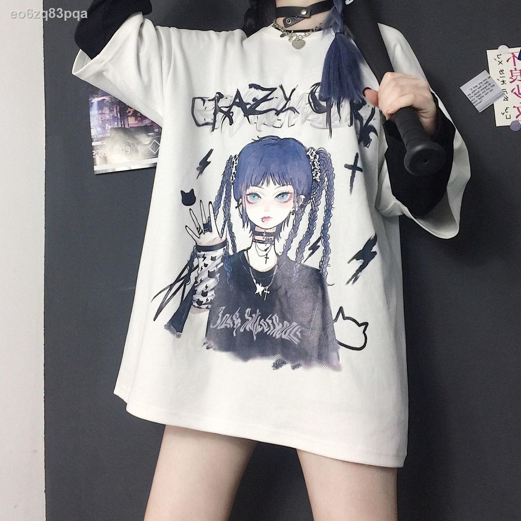 áo thun2021 mới áo phông ngắn tay hip-hop nữ mùa hè Harajuku phong cách JK rộng đen đậm size lớn trong quốc triều