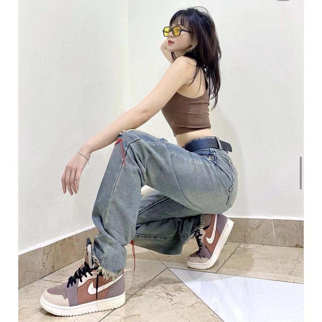 Quần Jeans Nữ Lưng Cao Thêu Hoa Cá Tính