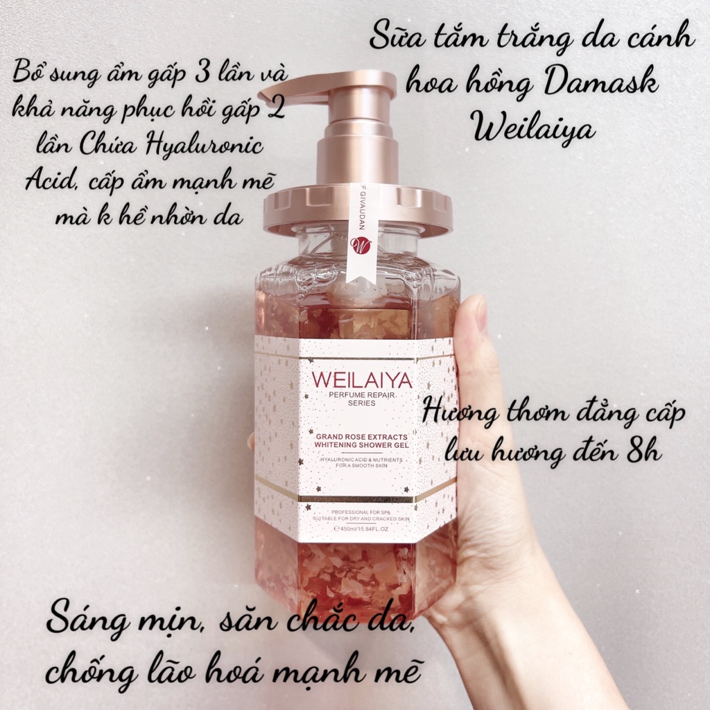 Sữa tắm trắng da Weilaiya cánh hoa hồng Damask 450ml