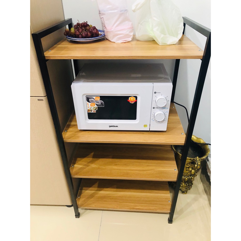 Kệ để lò vi sóng 4 tầng đa năng đựng dụng cụ nhà bếp, kệ để đồ bếp 4 tầng khung thép sàn gỗ | BigBuy360 - bigbuy360.vn