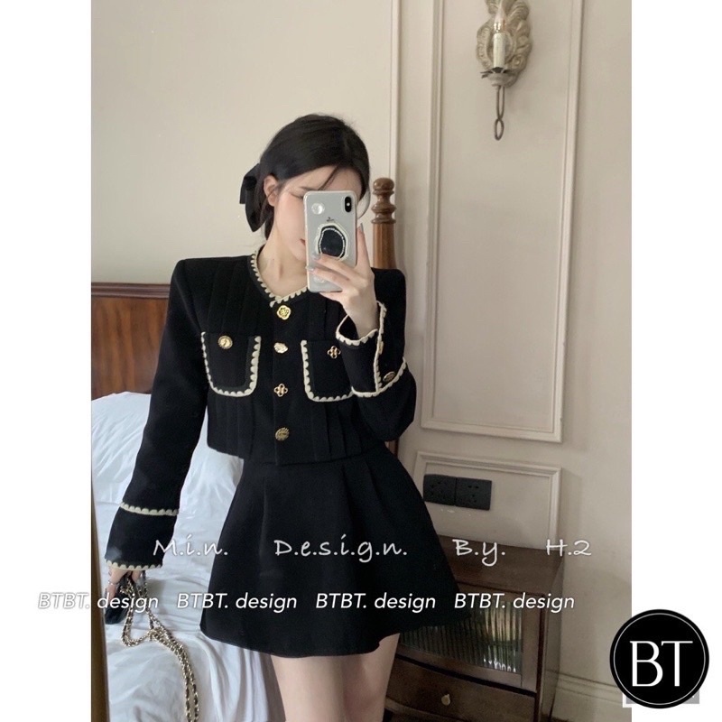 [ 312 ] Set Nhung Pha Ren Áo Tay Dài Mix Chân Váy Xếp Ly Có Ảnh Thật
