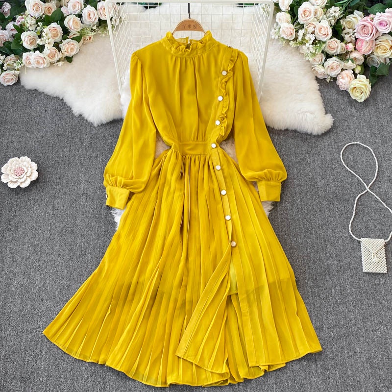Đầm tay dài 6 màu xếp ly cổ đứng đầm xòe rộng có lớp lót trong