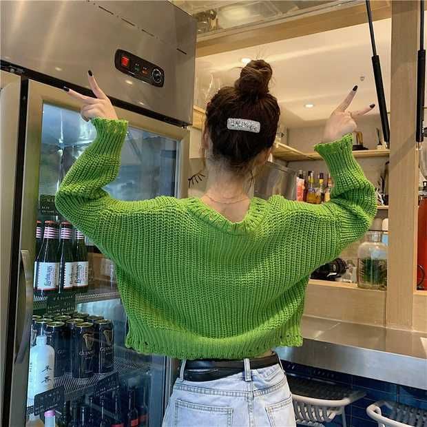 Áo Khoác Sweater Ngắn Dáng Rộng Cổ V Tay Dài Kiểu Hàn Quốc Thời Trang 2022 Cho Bạn Gái