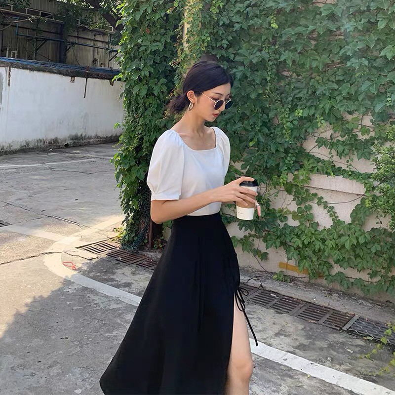 💃 Chân Váy Nữ Xẻ Vạt Cột Nơ Chất Đũi Màu Đen | BigBuy360 - bigbuy360.vn