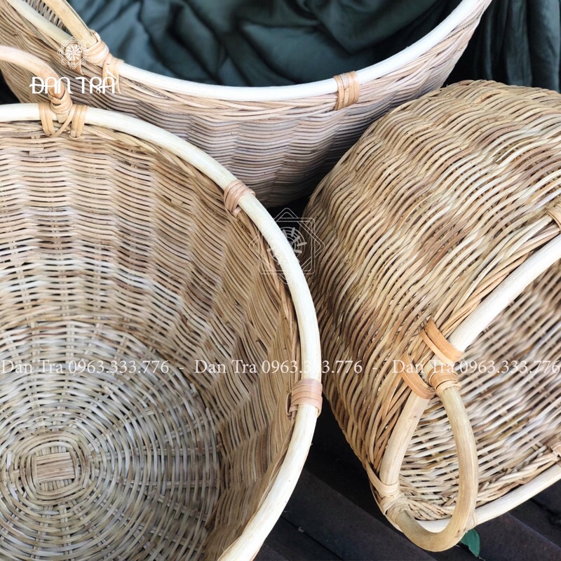 Sọt Mây Tròn Quấn Khung, Sọt Đựng Đồ Song Mây Có Quai Xách, Decor Mây Tre ĐAN TRÀ, Nội Thất Mây Tre Đan