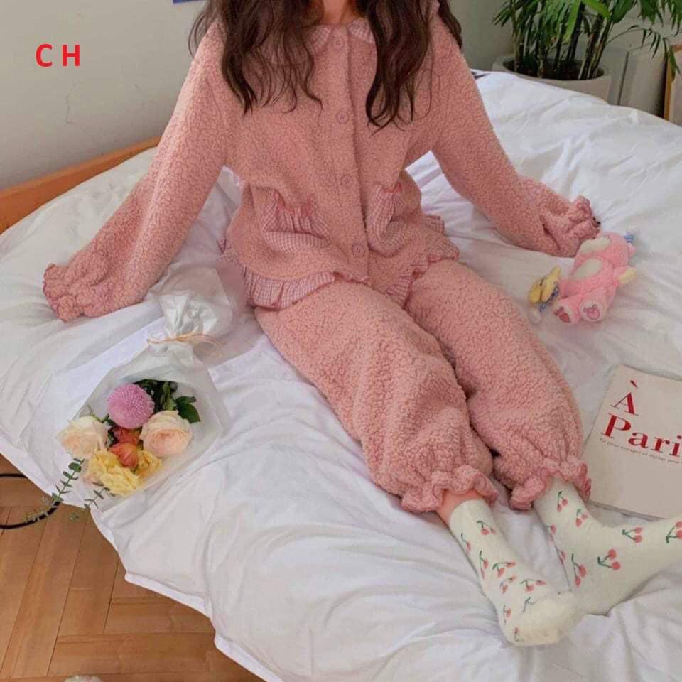 Đồ nữ ngủ Ullzang🌸bộ đồ ngủ mùa đông lông cừu phối viền caro, sét bộ ngủ hàn quốc cổ sen khuy cài ấm áp- THÔNGTHU | BigBuy360 - bigbuy360.vn