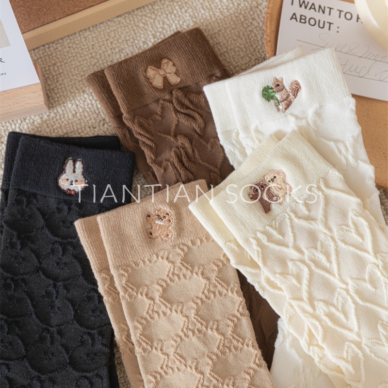 TIAN TIAN T236 Vớ Cotton Tất Cao cổ Ba Chiều Thêu Họa Tiết Gấu Hoạt Hình Dễ Thương Phong Cách Nhật Bản Thời Trang Xuân Hè Cho Nữ