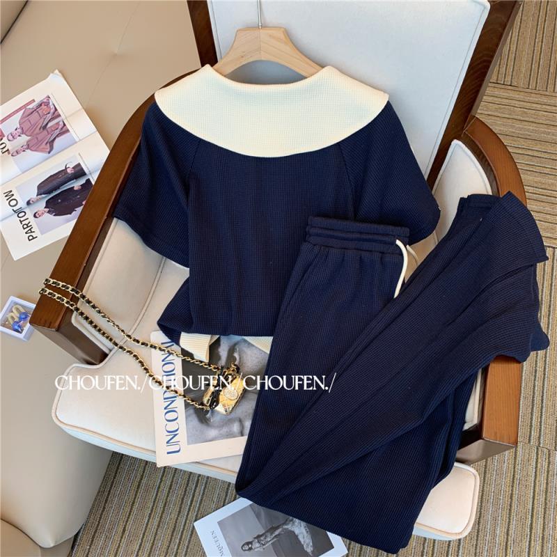 Fat mm300 jin leisure doll collar T-shirt suit women summer loose size sports short-sleeved wide-leg trousers two-piece set