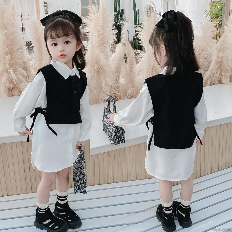 Bộ áo sát nách màu đen + đầm sơ mi màu trắng phong cách Hàn Quốc thời trang cho bé gái
