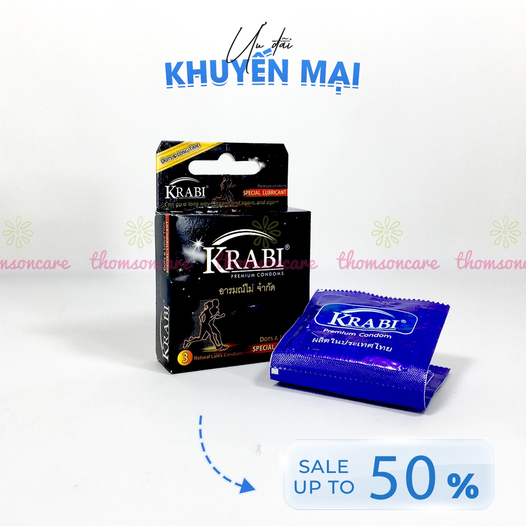 Bao cao su Thái Lan Krabi - bcs siêu mỏng, kéo dài, có gân gai - Hộp 3 chiếc condom