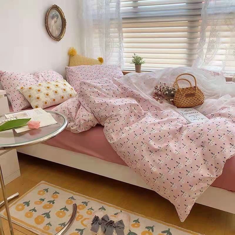[Tặng vỏ gối ôm] Bộ 4 món chăn ga gối Cotton Living Gấu nhỏ lãng mạn nhập khẩu cao cấp