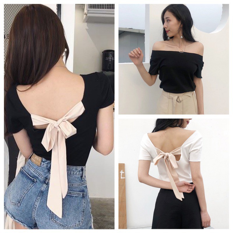 Áo thun tay ngắn phối nơ thiết kế hở lưng quyến rũ