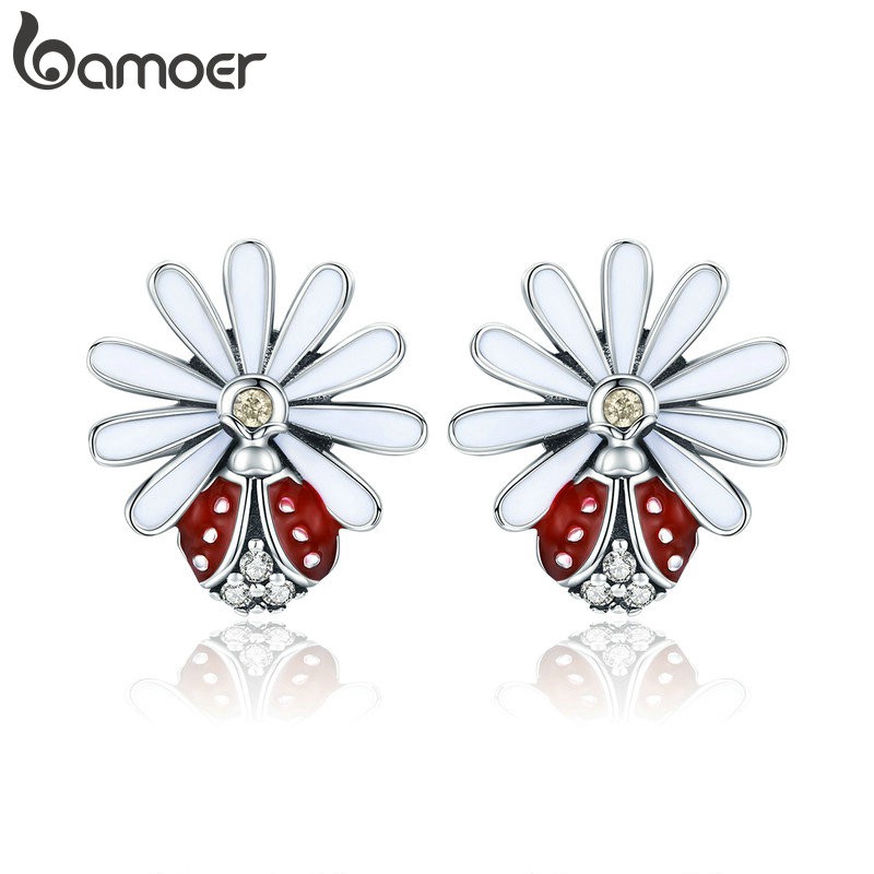 Bông Tai Bamoer SCE459 Bằng Bạc Hình Hoa Và Bọ Rùa Nhiều Màu Sắc Phong Cách Hàn Quốc