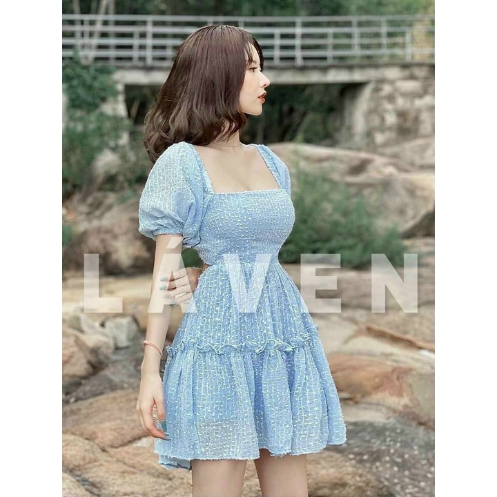 Đầm xòe cổ vuông đi tiệc sang chảnh, váy xòe công chúa tay ngắn cột dây lưng | BigBuy360 - bigbuy360.vn