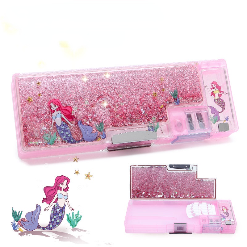 Hộp Đựng Bút Hai Ngăn Bằng Nhựa Họa Tiết Hoạt Hình Lấp Lánh Đa Năng Sáng Tạo Dễ Thương Dành Cho Bé Gái