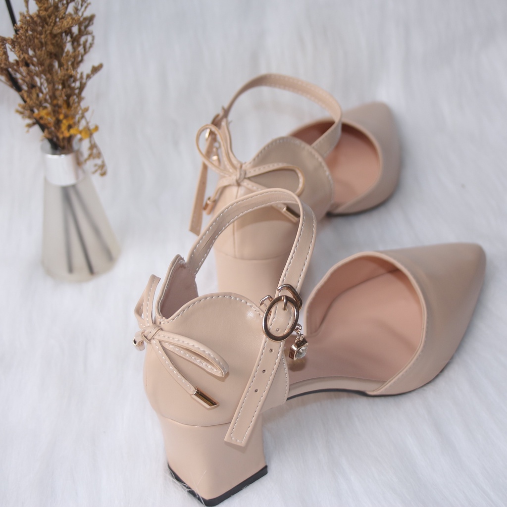 Giày cao gót vuông 5p bít mũi da mềm kết nơ gót