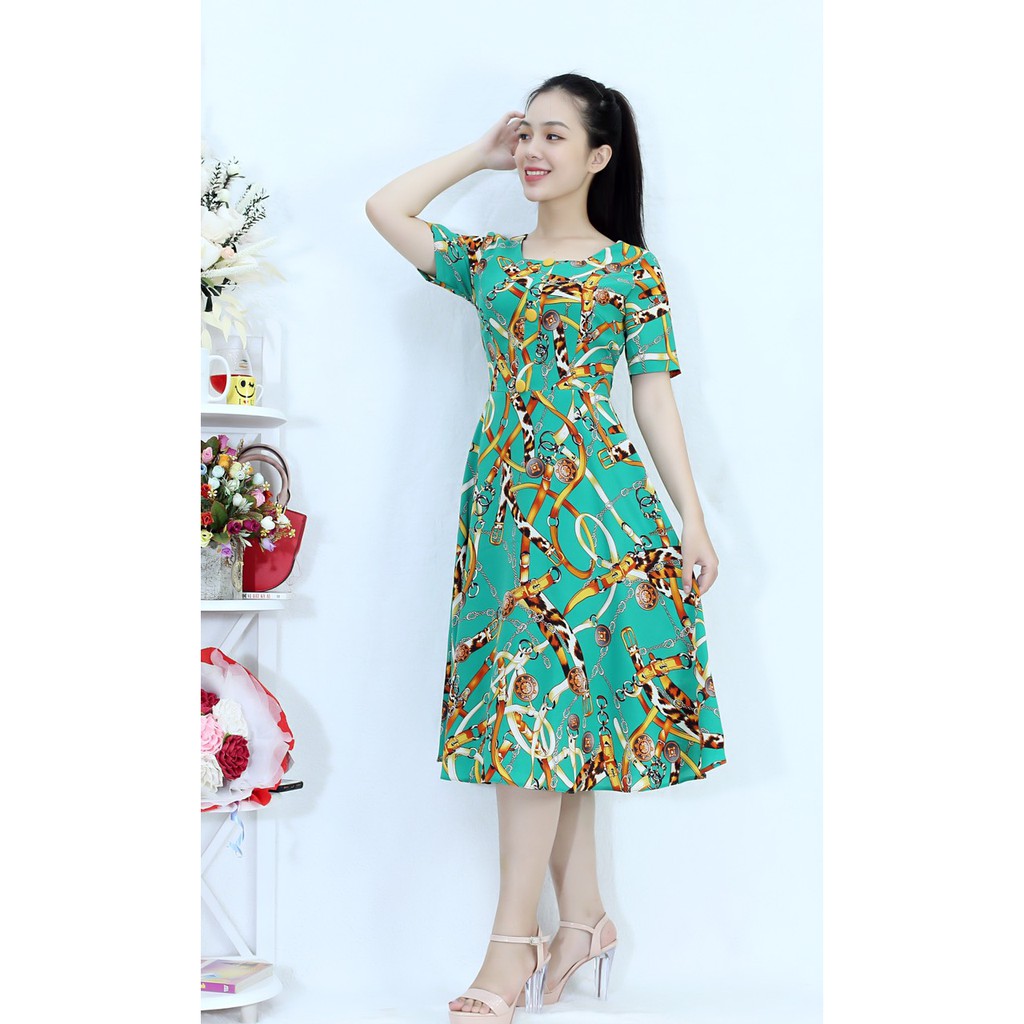 Đầm Xòe MÀU XANH HỌA TIẾT XINH XẮN VINTAGE sang chảnh - Vải von hàn cao cấp quý tộc