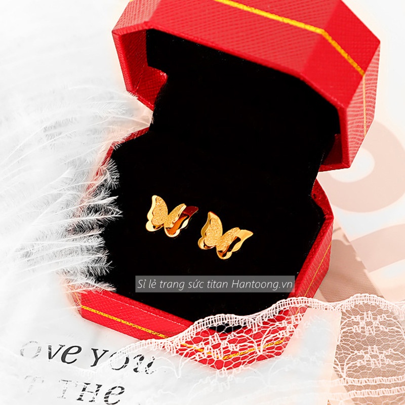Bông tai titan không gỉ mạ vàng 18k hoa tai titan hình bướm ánh kim sa lấp lánh xinh xắn thời trang