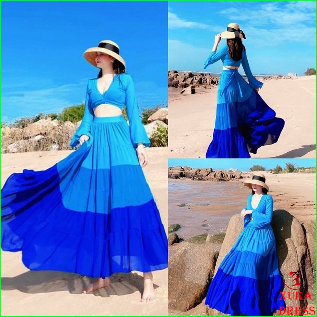 Set maxi đi biển cổ V phối mặc 2 kiểu phong cách thời trang XUKA-DRESS MT018 chất Voon in nhiệt 2 lớp có mút ngực. | BigBuy360 - bigbuy360.vn