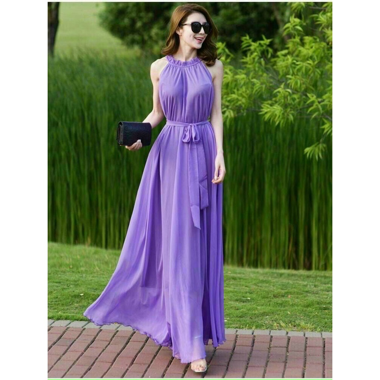 Đầm Maxi ⚡𝙎𝙄𝙀̂𝙐 𝙎𝘼𝙇𝙀⚡ Đầm Maxi Form Dài Xếp Ly Cổ Thời Trang Dành Cho nữ - 90109