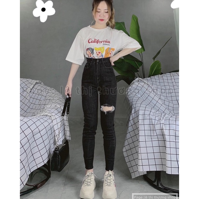 Jeans dài lưng cao co giãn rách 1 bên ô HOT