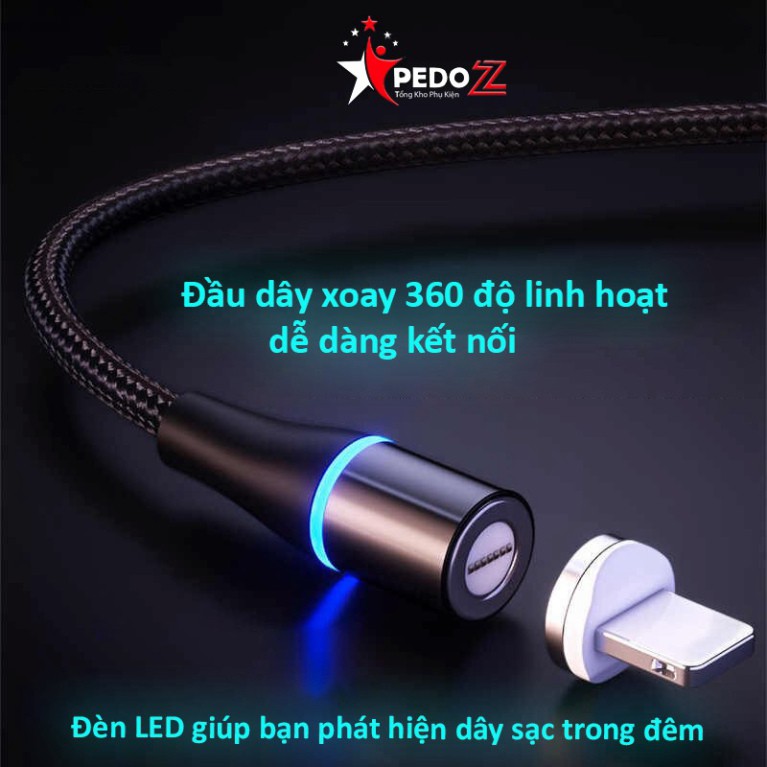 Cáp sạc nam châm 3 đầu linh hoạt 360 độ dây dù siêu bền, điện áp ổn định bảo vệ máy sạc iphone,samung,oppo...