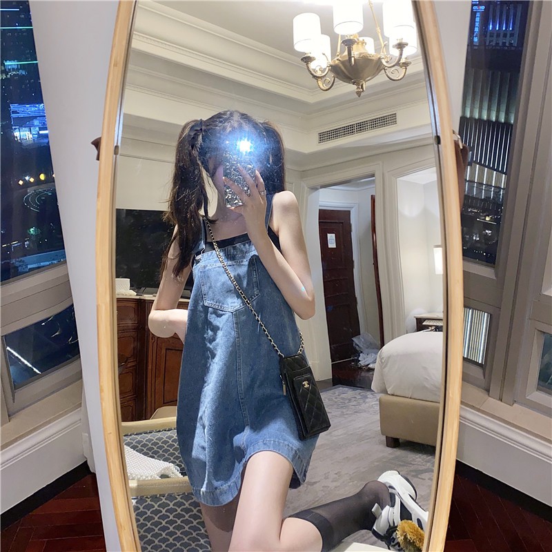 Xiaozhainv Đầm Yếm Denim Form Rộng Phong Cách Hàn Quốc Xinh Xắn Cho Nữ