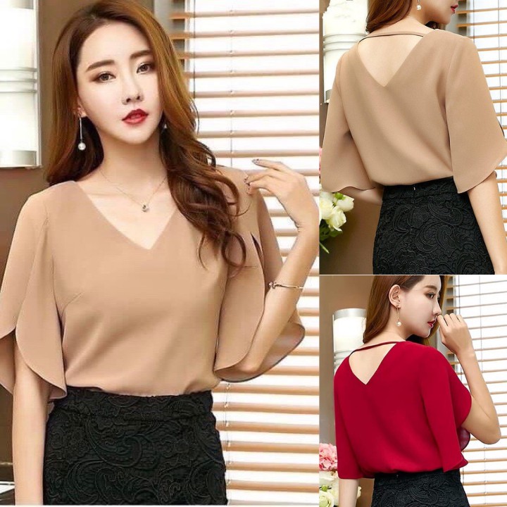 Áo kiểu nữ cổ V tay xẻ cách điệu - nhiều size, form dáng chuẩn thích hợp mặc dự tiệc, đi làm