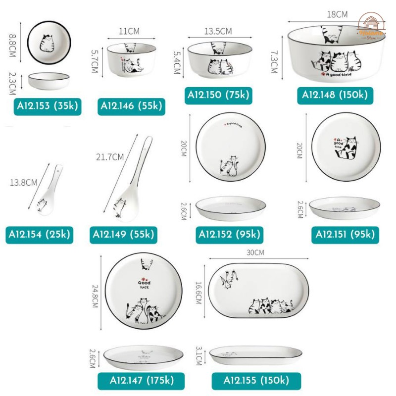 Đồ dùng bàn ăn , muỗng ăn cơm , muôi canh sứ họa tiết mèo Holame