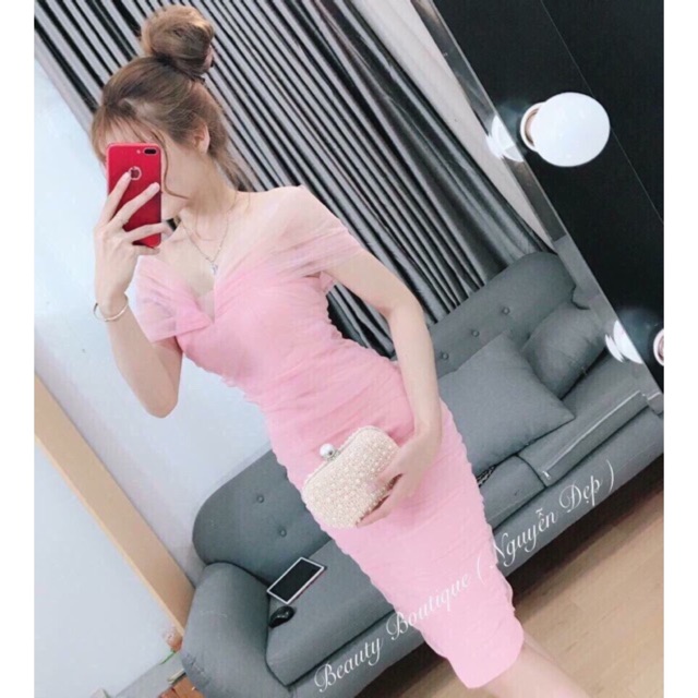 Đầm body dự tiệc trễ vai phối lưới + Ảnh thật