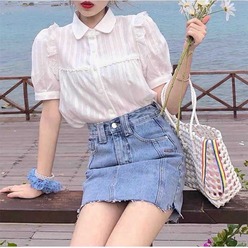 Sơ mi cổ sen ren cộc ảnh thật vintage