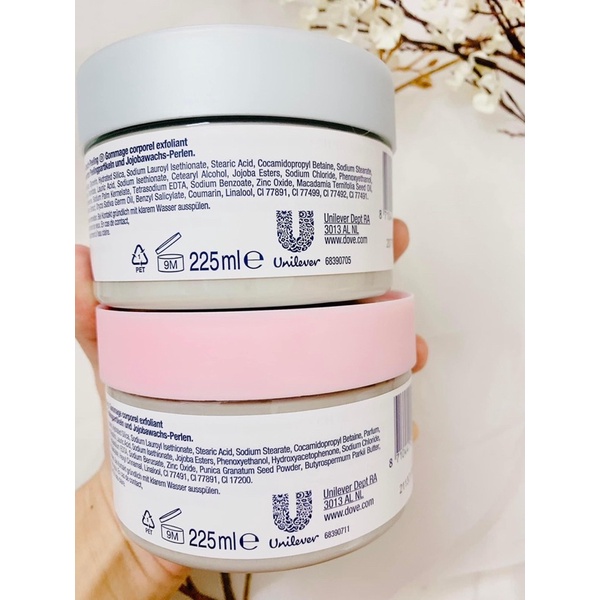 Tẩy da chết DOVE bản ĐỨC Tẩy Da Chết Toàn Thân Body DOVE Creme Dusch Peeling 225ml MACCA VÀ LỰU