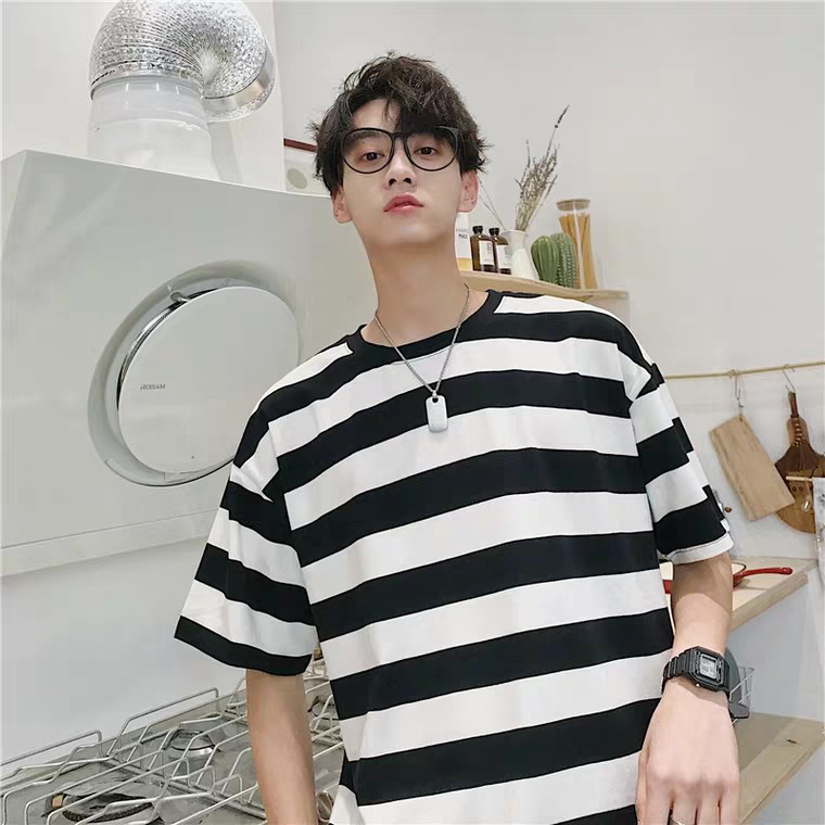 Áo thun tay lỡ unisex sọc ngang bản to form rộng, cổ tròn thời trang ulzzang Hàn Quốc - ĐEN SỌC TRẮNG | BigBuy360 - bigbuy360.vn