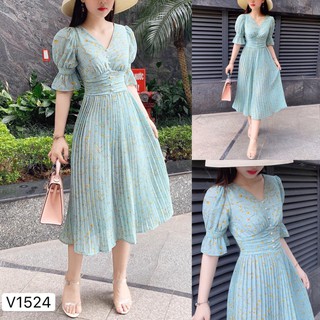 Đầm váy hoa xanh dập ly v1524