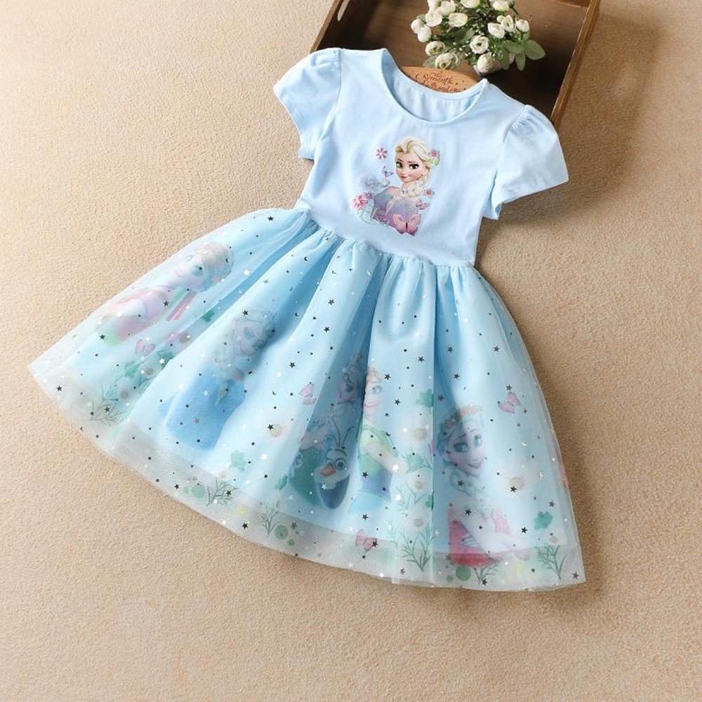 In Hình Công Chúa Elsa Dành Cho Bé Gái Đầm ngắn tay in họa tiết hoạt hình công chúa băng giá Elsa đáng yêu cho bé gái