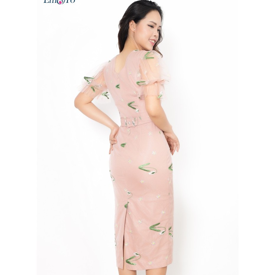 Đầm ôm cổ tim Emspo phối lưới nữ tính chun tay và đính nơ đai eo rời DM3998