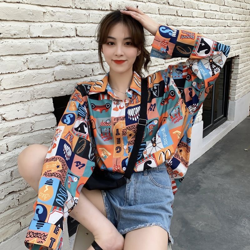 Áo sơ mi nữ dài tay in họa tiết tranh vẽ phong cách hàn quốc unisex
