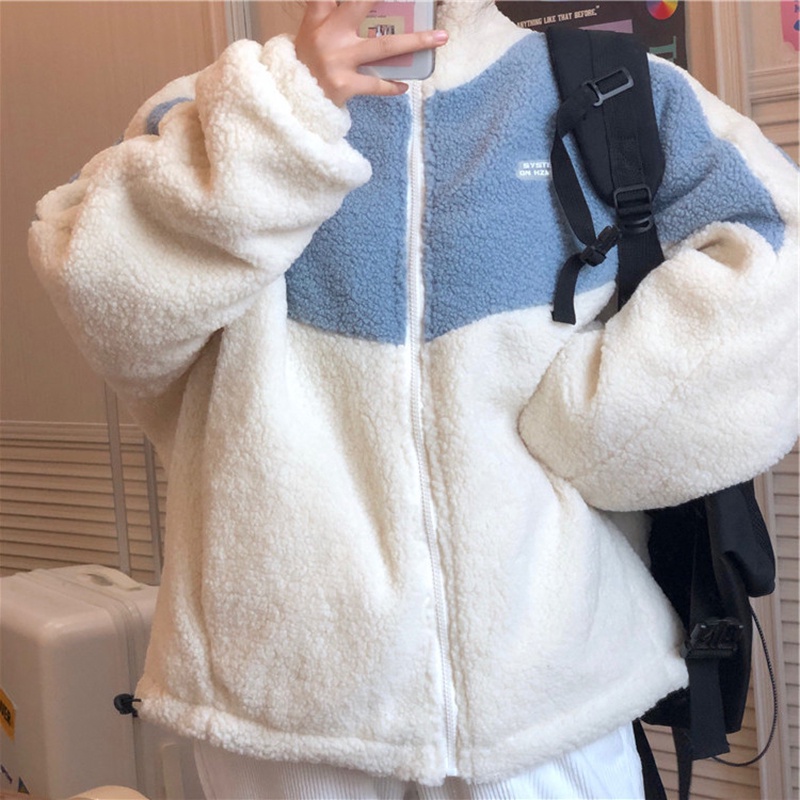 Áo khoác giả lông cừu dáng rộng phối khóa kéo màu tương phản phong cách Hàn Quốc cho nữ