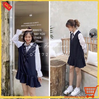 Đầm Đi Chơi Váy Suông Kiểu Giả Yếm Đuôi Cá Phối Sơ Mi Sọc Dài Tay Nữ Tính Dễ Thương Dễ Mặc Big Fashion (kèm hình thật)