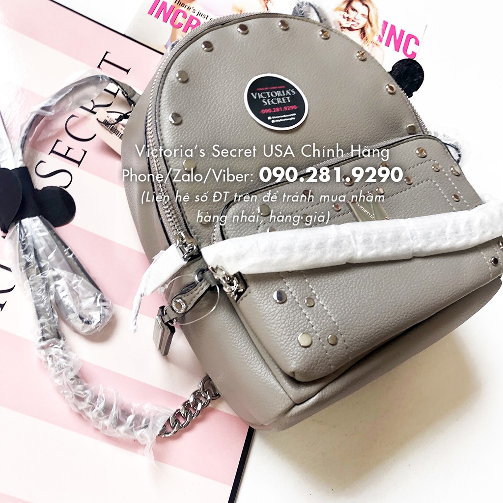 Ba lô mini xám siêu đẹp, gắn đinh thời trang - KT 21x23cm - Hàng nhập Victoria's Secret USA
