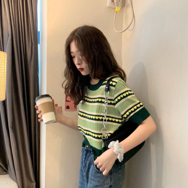 Áo Dệt Kim Ngắn Tay Dáng Rộng Xinh Xắn Cho Nữ Kiểu Hàn Quốc